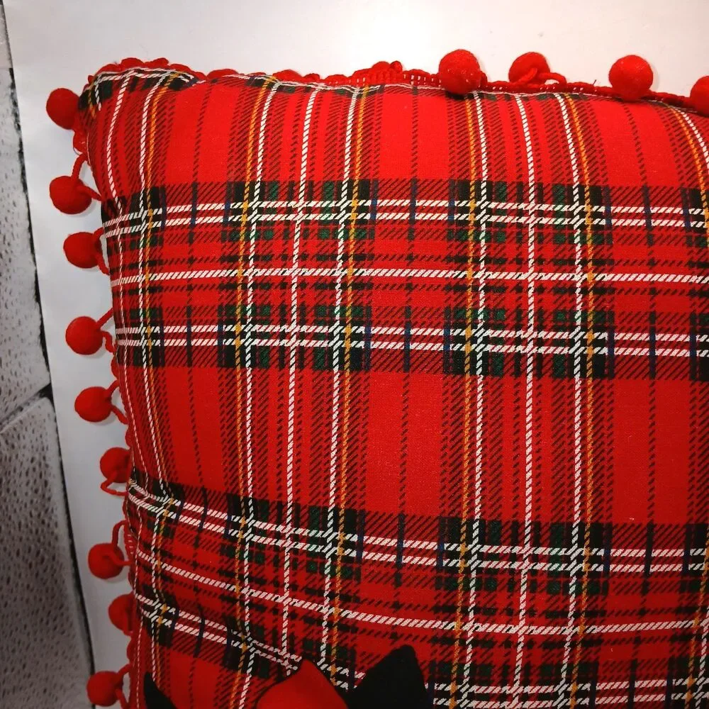 Scottie Dog Decorative Accent Throw Pillow Red Black Plaid PomPom Fringe 12x11